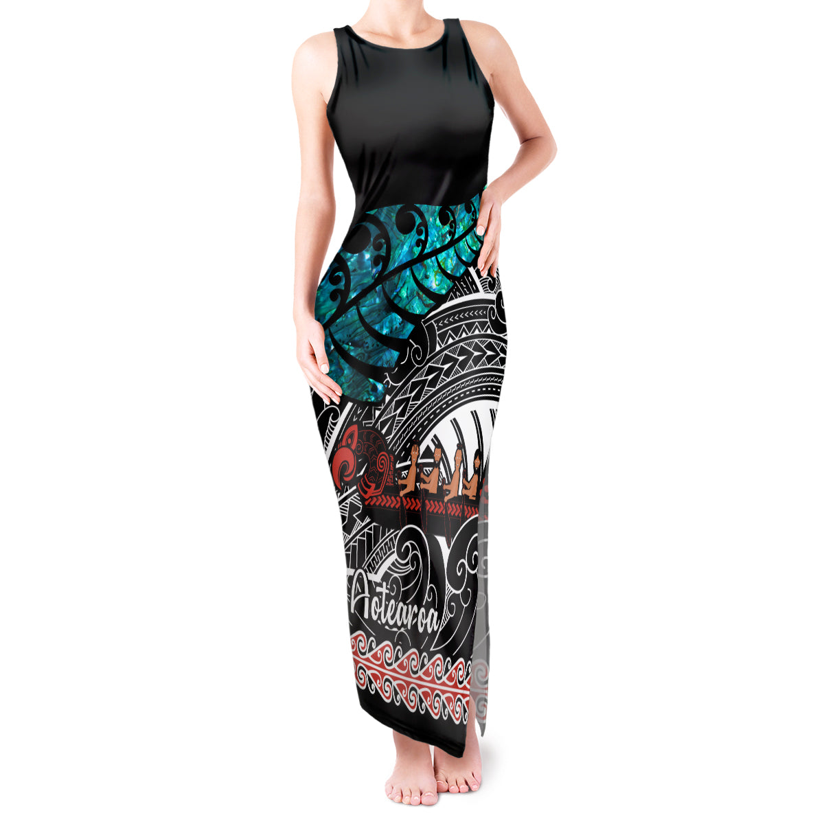 personalised-new-zealand-waka-tank-maxi-dress-aotearoa-maori-silver-fern-pattern