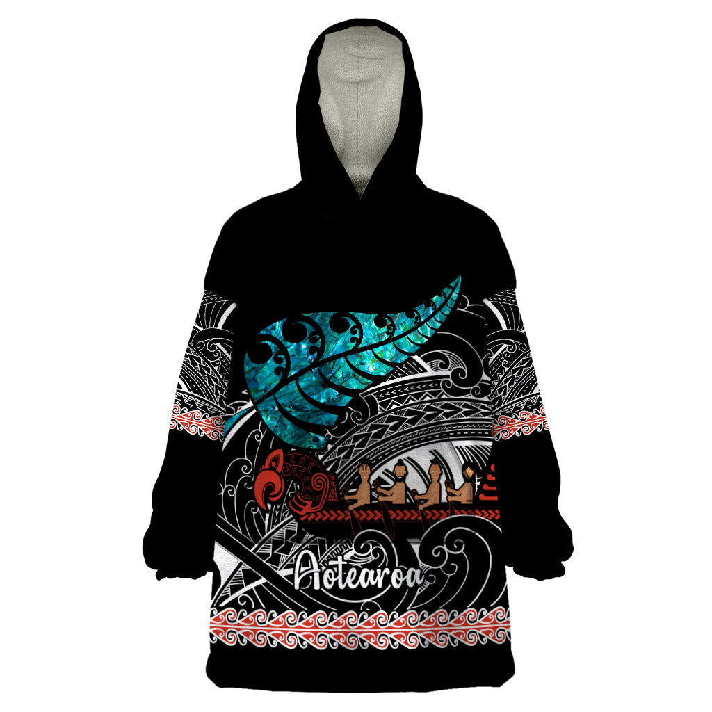 Personalised New Zealand Waka Wearable Blanket Hoodie Aotearoa Maori Silver Fern Pattern - Vibe Hoodie Shop