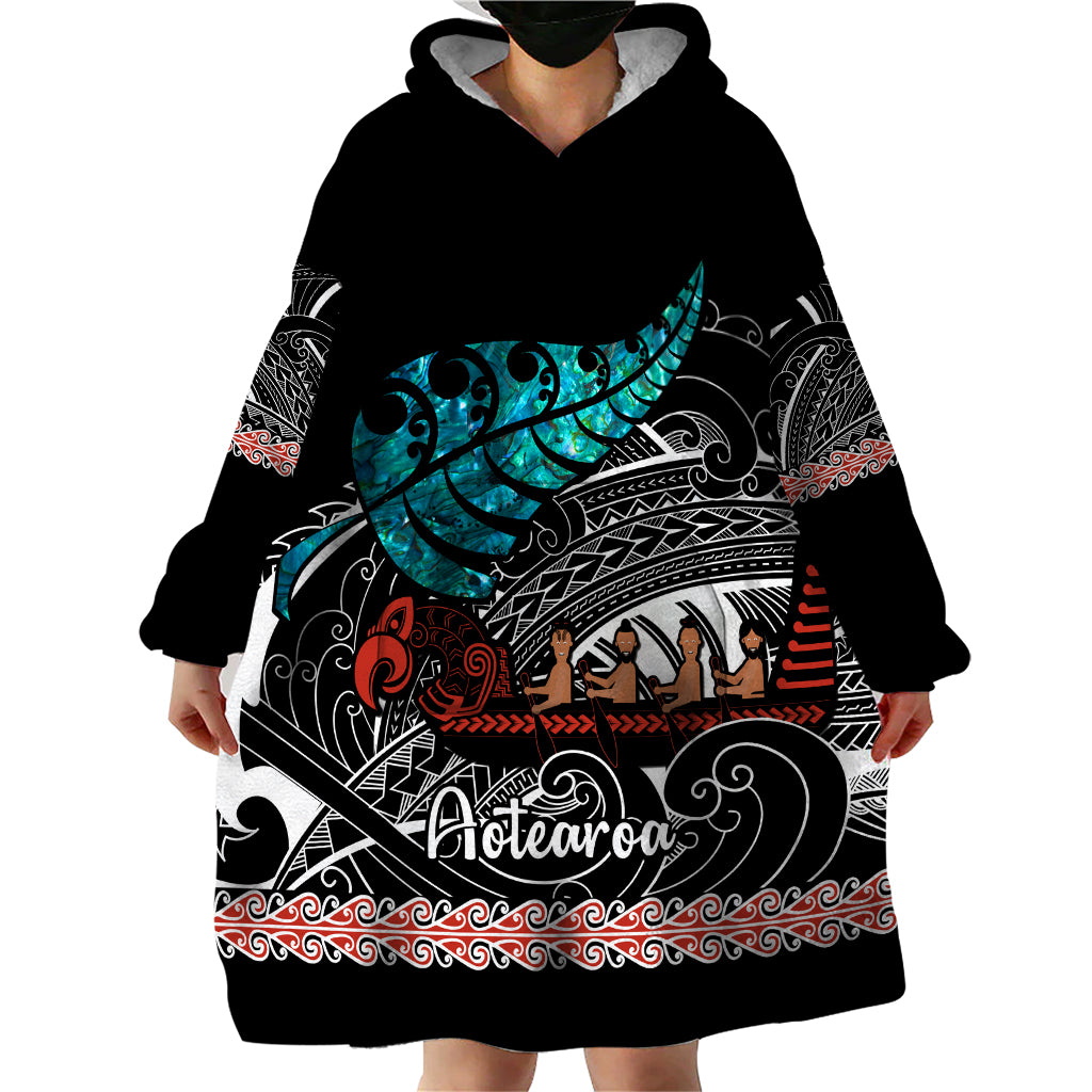 Personalised New Zealand Waka Wearable Blanket Hoodie Aotearoa Maori Silver Fern Pattern - Vibe Hoodie Shop