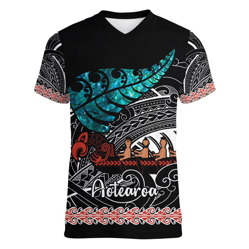 Personalised New Zealand Waka Women V Neck T Shirt Aotearoa Maori Silver Fern Pattern - Vibe Hoodie Shop