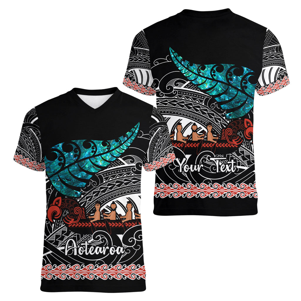 Personalised New Zealand Waka Women V Neck T Shirt Aotearoa Maori Silver Fern Pattern - Vibe Hoodie Shop