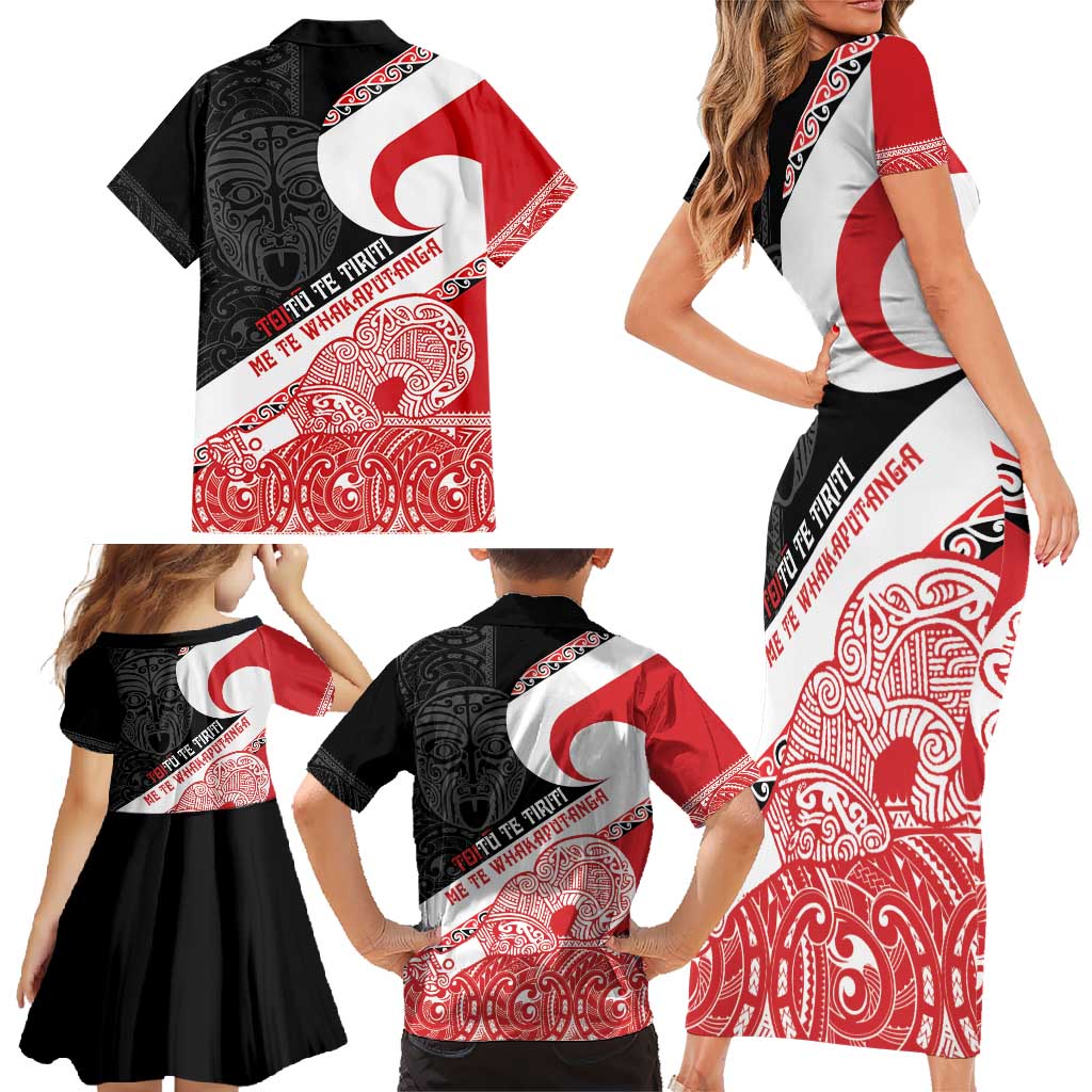 Toitu Te Tiriti Me Te Whakaputanga Family Matching Short Sleeve Bodycon Dress and Hawaiian Shirt Maori Wahaika With Haka Face