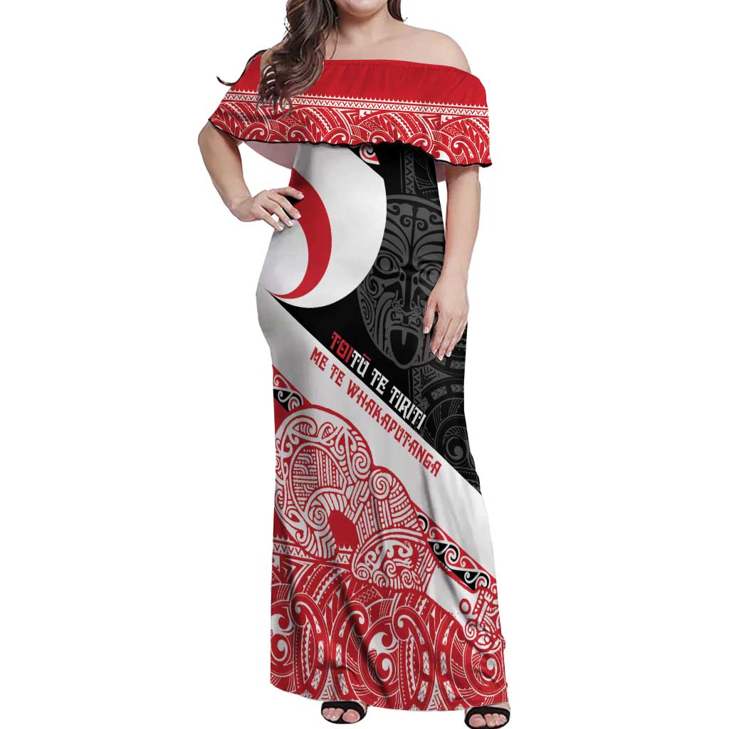 Toitu Te Tiriti Me Te Whakaputanga Off Shoulder Maxi Dress Maori Wahaika With Haka Face