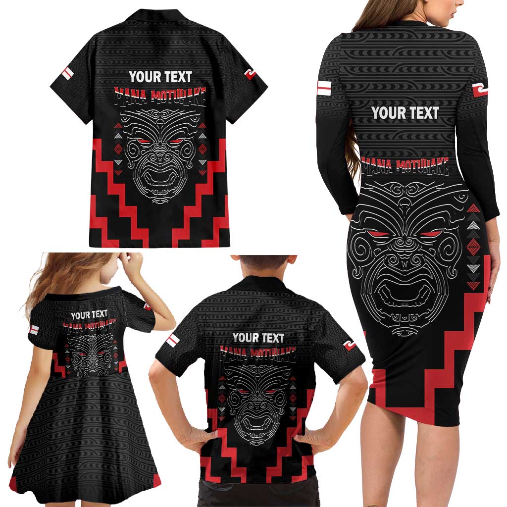 Personalised Toitu Te Tiriti Mana Maori Motuhake Family Matching Long Sleeve Bodycon Dress and Hawaiian Shirt Aotearoa Haka Face Mix Poutama Art