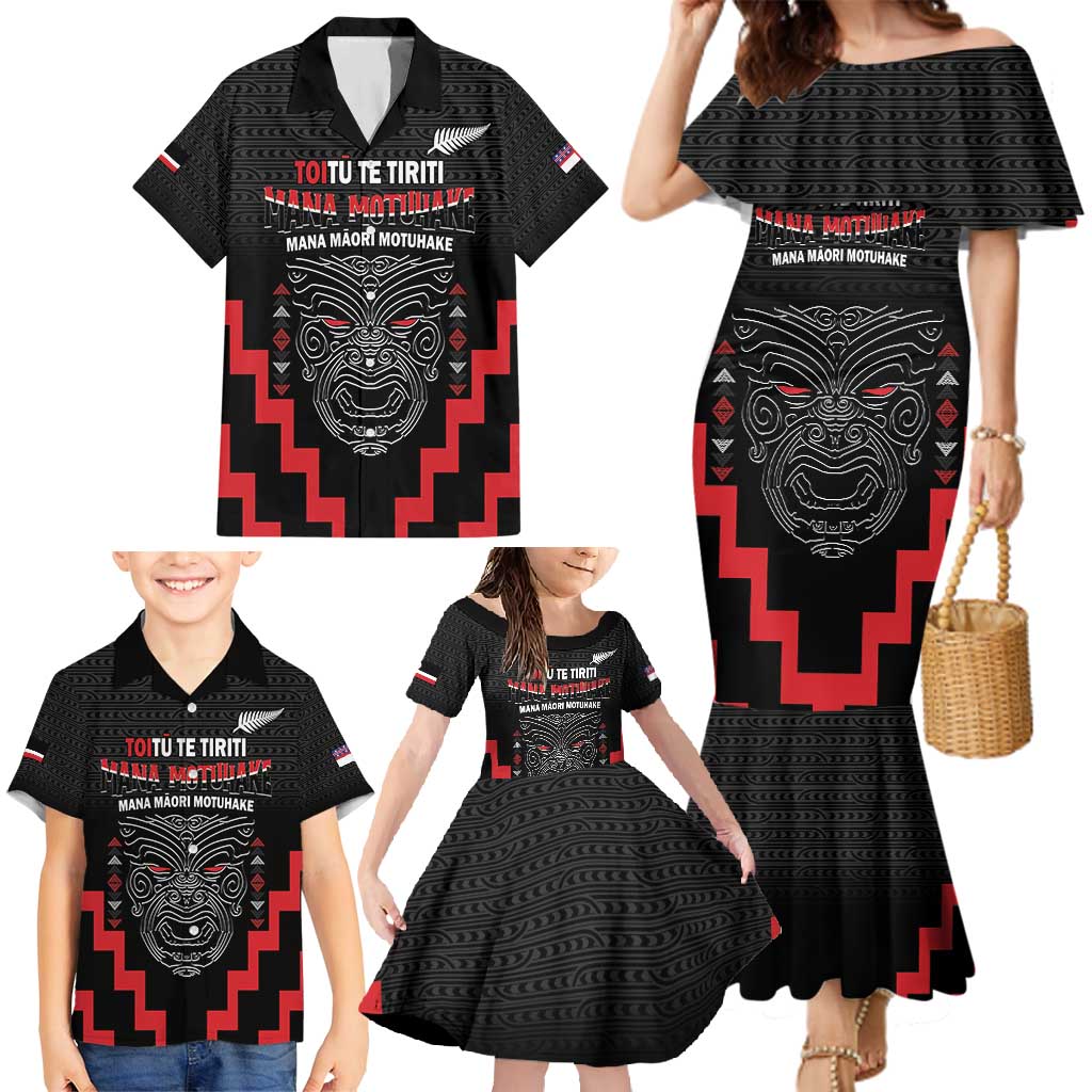 Personalised Toitu Te Tiriti Mana Maori Motuhake Family Matching Mermaid Dress and Hawaiian Shirt Aotearoa Haka Face Mix Poutama Art