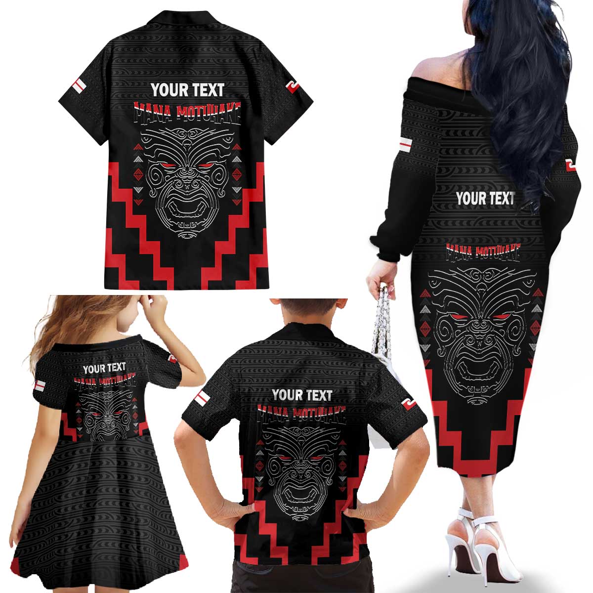 Personalised Toitu Te Tiriti Mana Maori Motuhake Family Matching Off The Shoulder Long Sleeve Dress and Hawaiian Shirt Aotearoa Haka Face Mix Poutama Art