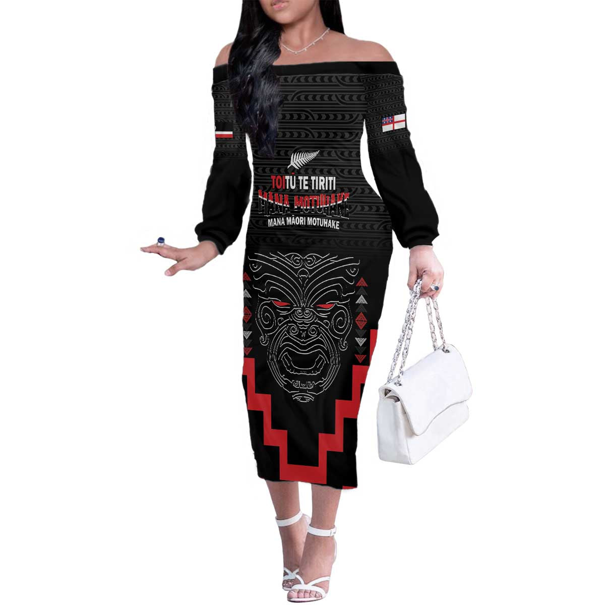 Personalised Toitu Te Tiriti Mana Maori Motuhake Family Matching Off The Shoulder Long Sleeve Dress and Hawaiian Shirt Aotearoa Haka Face Mix Poutama Art