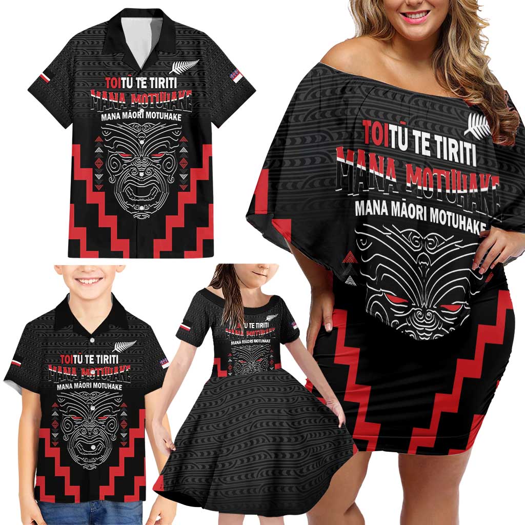 Personalised Toitu Te Tiriti Mana Maori Motuhake Family Matching Off Shoulder Short Dress and Hawaiian Shirt Aotearoa Haka Face Mix Poutama Art