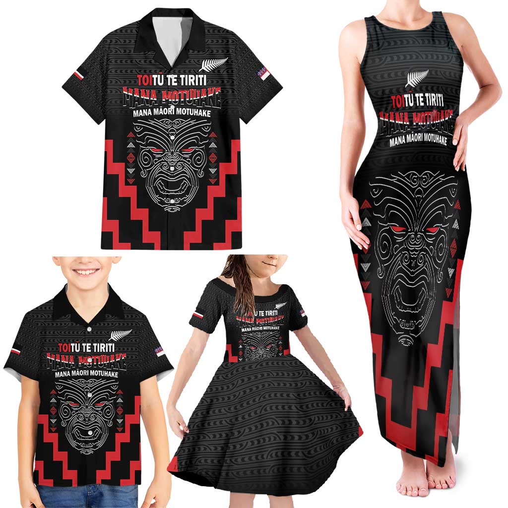 Personalised Toitu Te Tiriti Mana Maori Motuhake Family Matching Tank Maxi Dress and Hawaiian Shirt Aotearoa Haka Face Mix Poutama Art