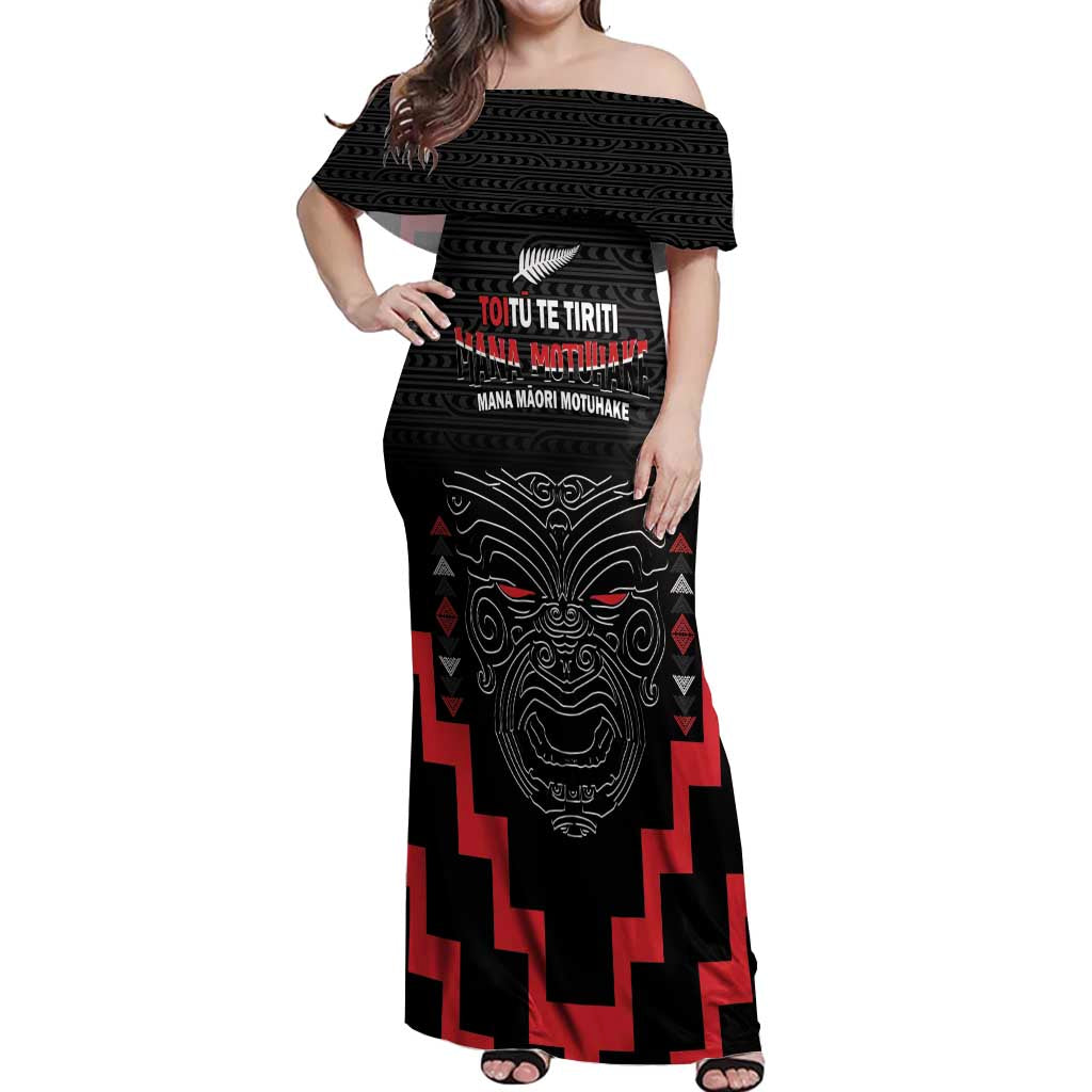 Personalised Toitu Te Tiriti Mana Maori Motuhake Off Shoulder Maxi Dress Aotearoa Haka Face Mix Poutama Art