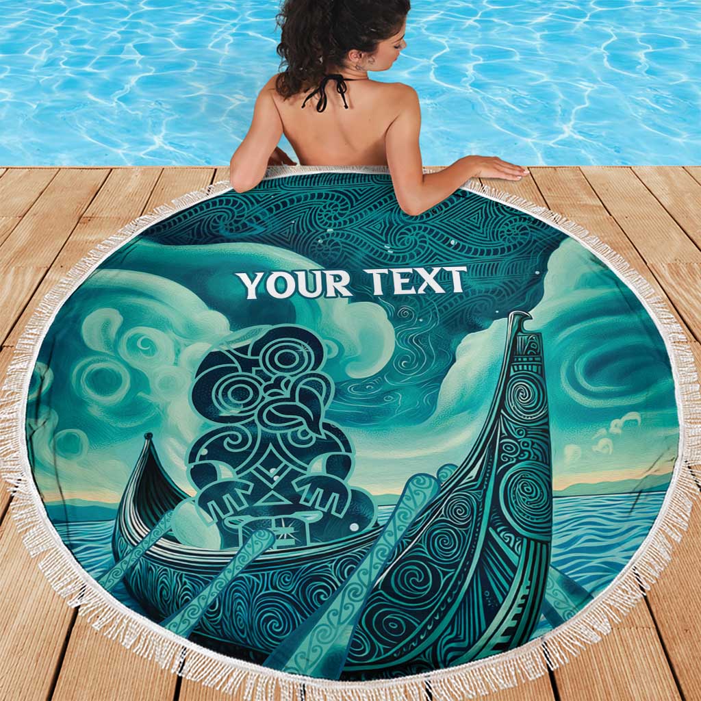 Personalised New Zealand Waitangi Day Beach Blanket Hei Tiki With Maori Waka - Whakarare Pattern