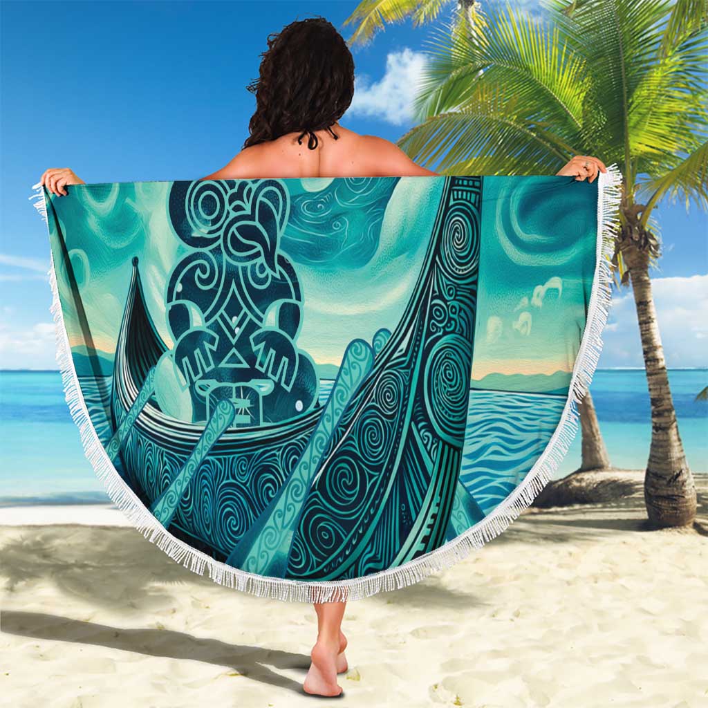 Personalised New Zealand Waitangi Day Beach Blanket Hei Tiki With Maori Waka - Whakarare Pattern