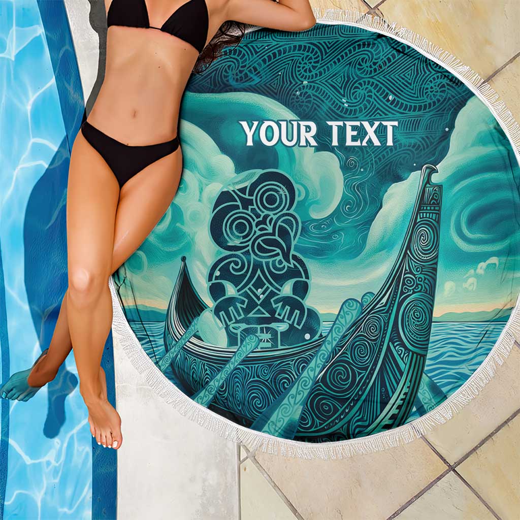 Personalised New Zealand Waitangi Day Beach Blanket Hei Tiki With Maori Waka - Whakarare Pattern