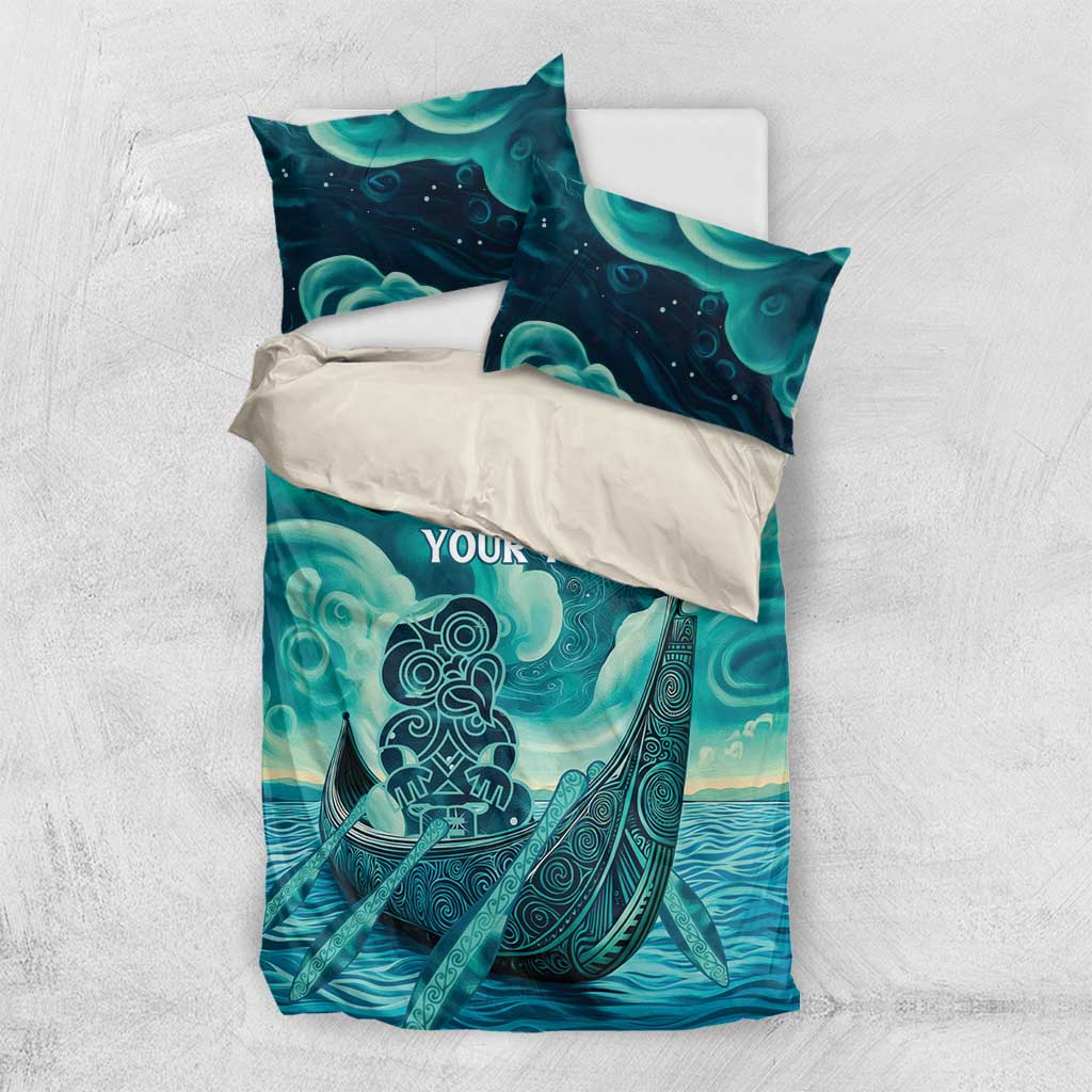 Personalised New Zealand Waitangi Day Bedding Set Hei Tiki With Maori Waka - Whakarare Pattern - Vibe Hoodie Shop