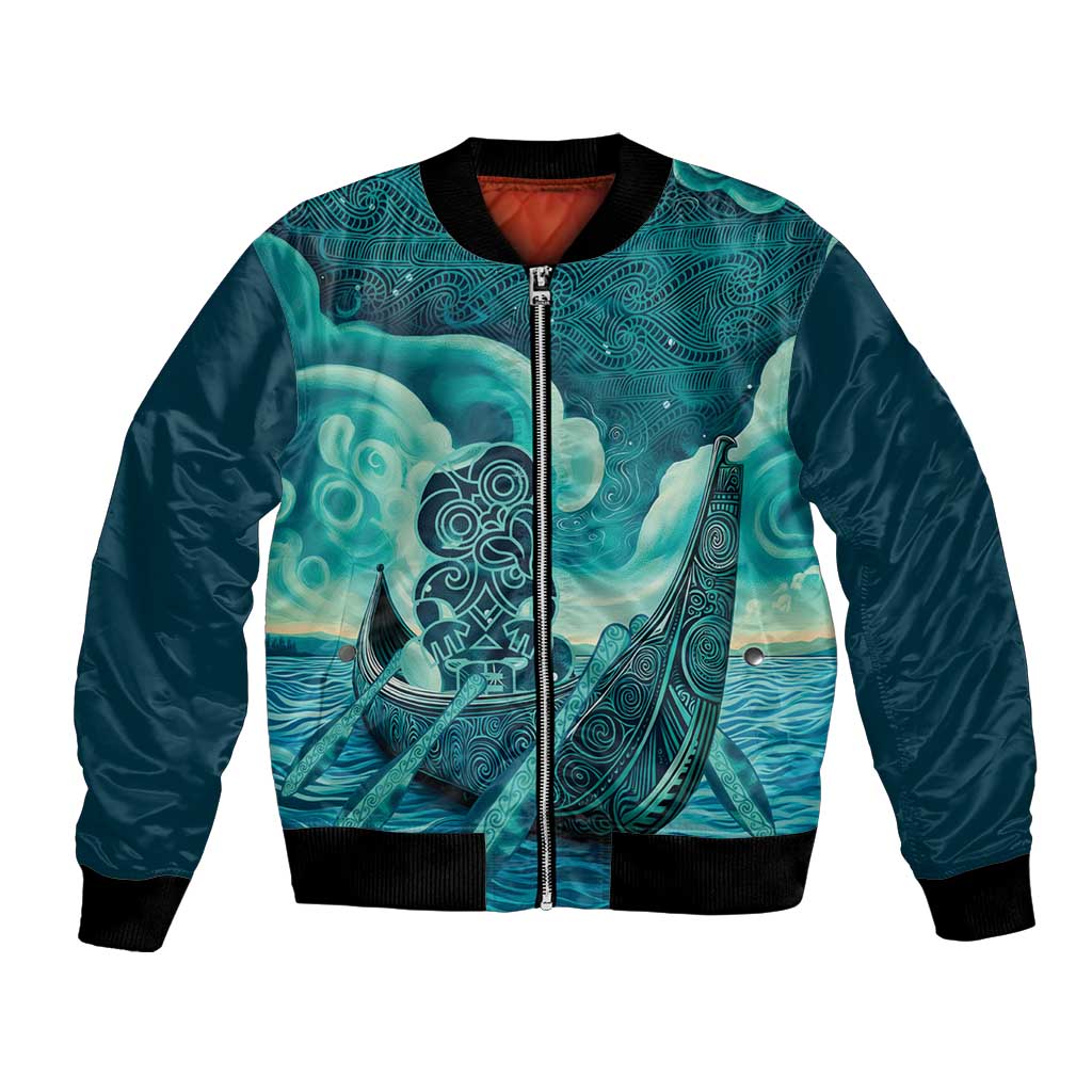 Personalised New Zealand Waitangi Day Bomber Jacket Hei Tiki With Maori Waka - Whakarare Pattern - Vibe Hoodie Shop