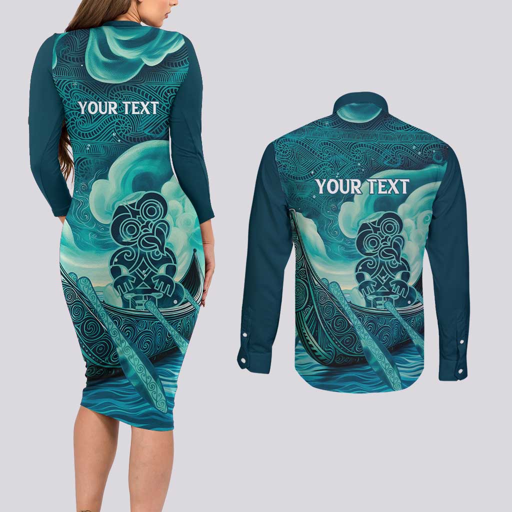 Personalised New Zealand Waitangi Day Couples Matching Long Sleeve Bodycon Dress and Long Sleeve Button Shirt Hei Tiki With Maori Waka - Whakarare Pattern