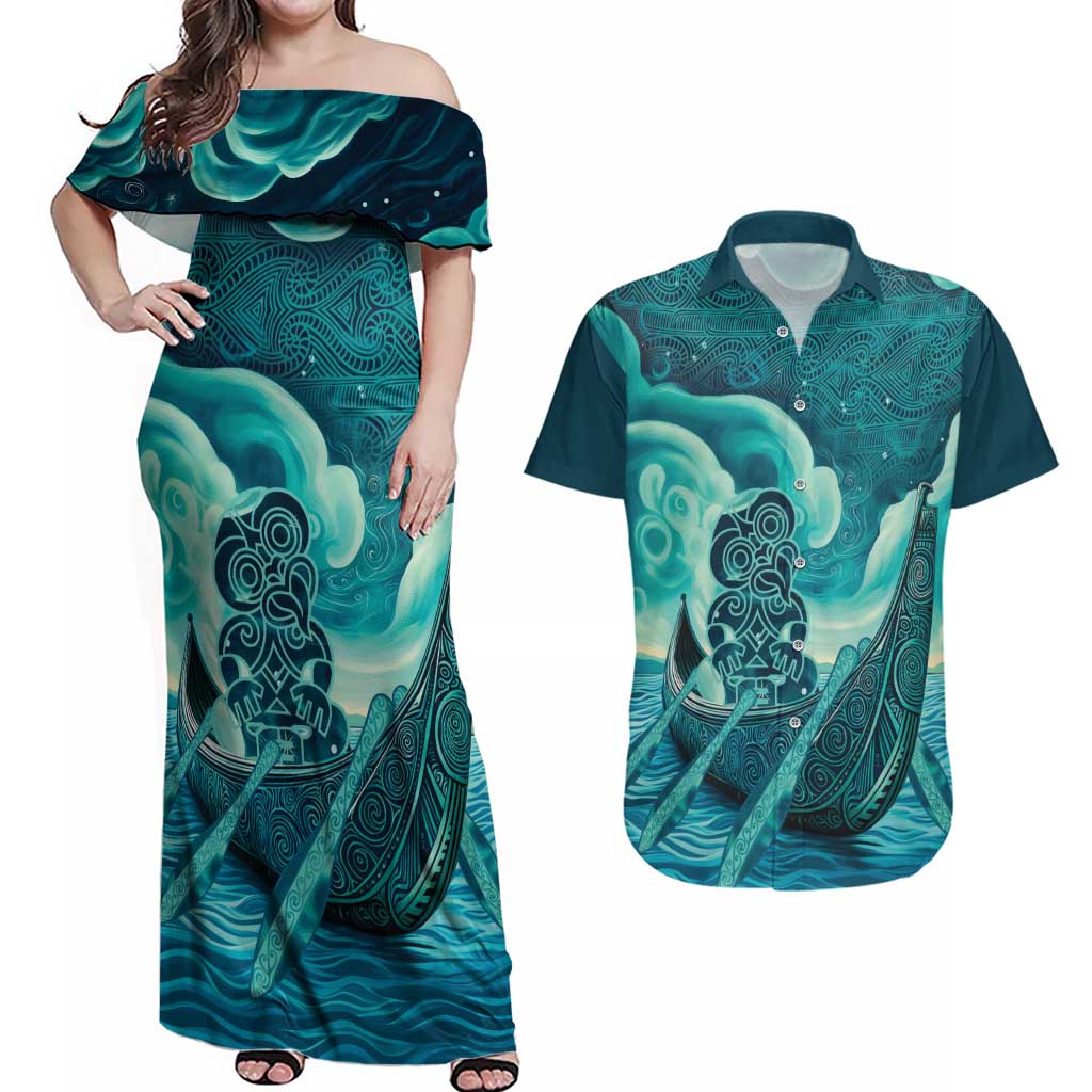 Personalised New Zealand Waitangi Day Couples Matching Off Shoulder Maxi Dress and Hawaiian Shirt Hei Tiki With Maori Waka - Whakarare Pattern