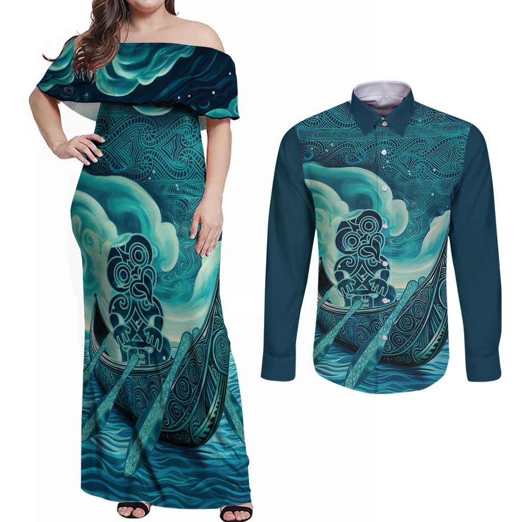 Personalised New Zealand Waitangi Day Couples Matching Off Shoulder Maxi Dress and Long Sleeve Button Shirt Hei Tiki With Maori Waka - Whakarare Pattern