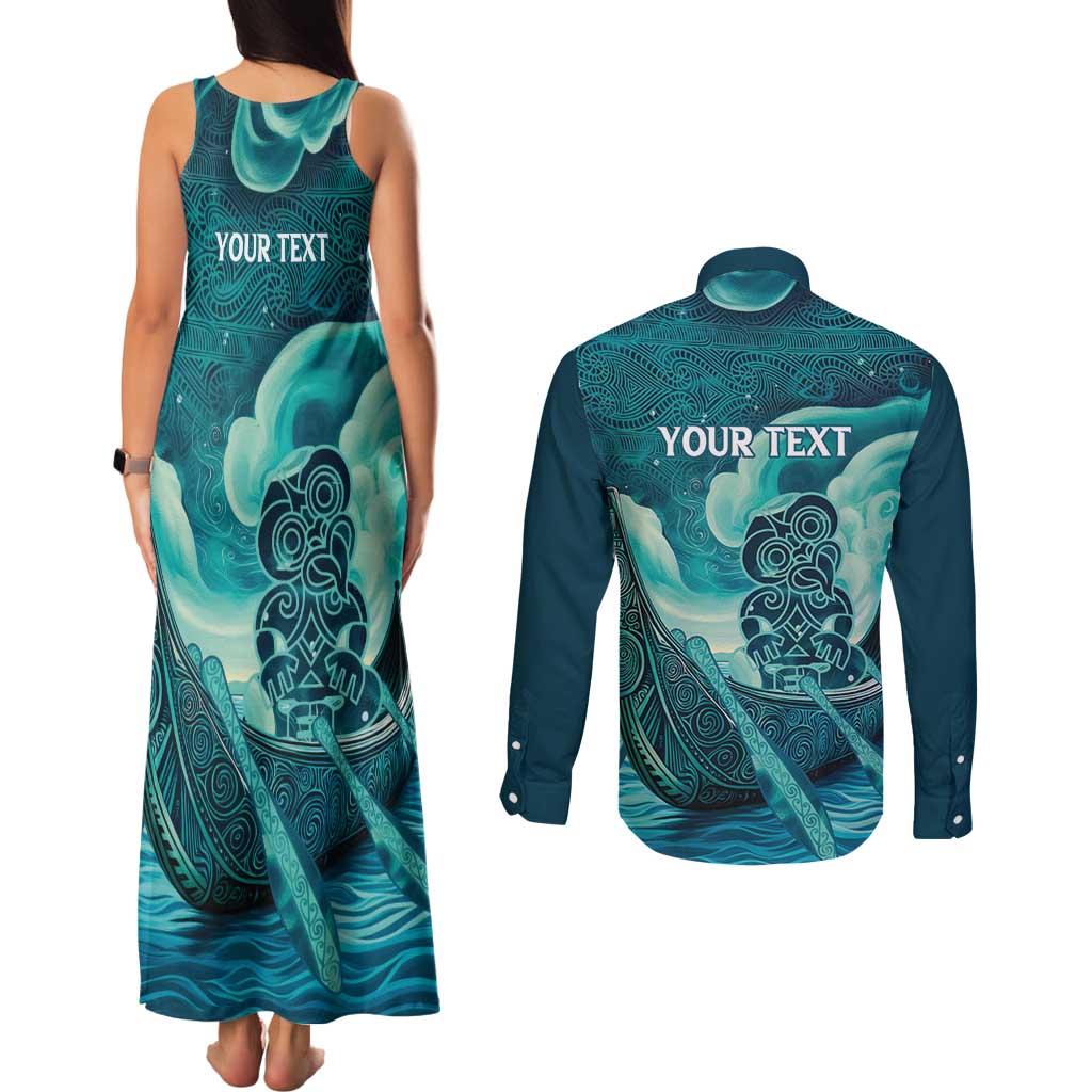 Personalised New Zealand Waitangi Day Couples Matching Tank Maxi Dress and Long Sleeve Button Shirt Hei Tiki With Maori Waka - Whakarare Pattern