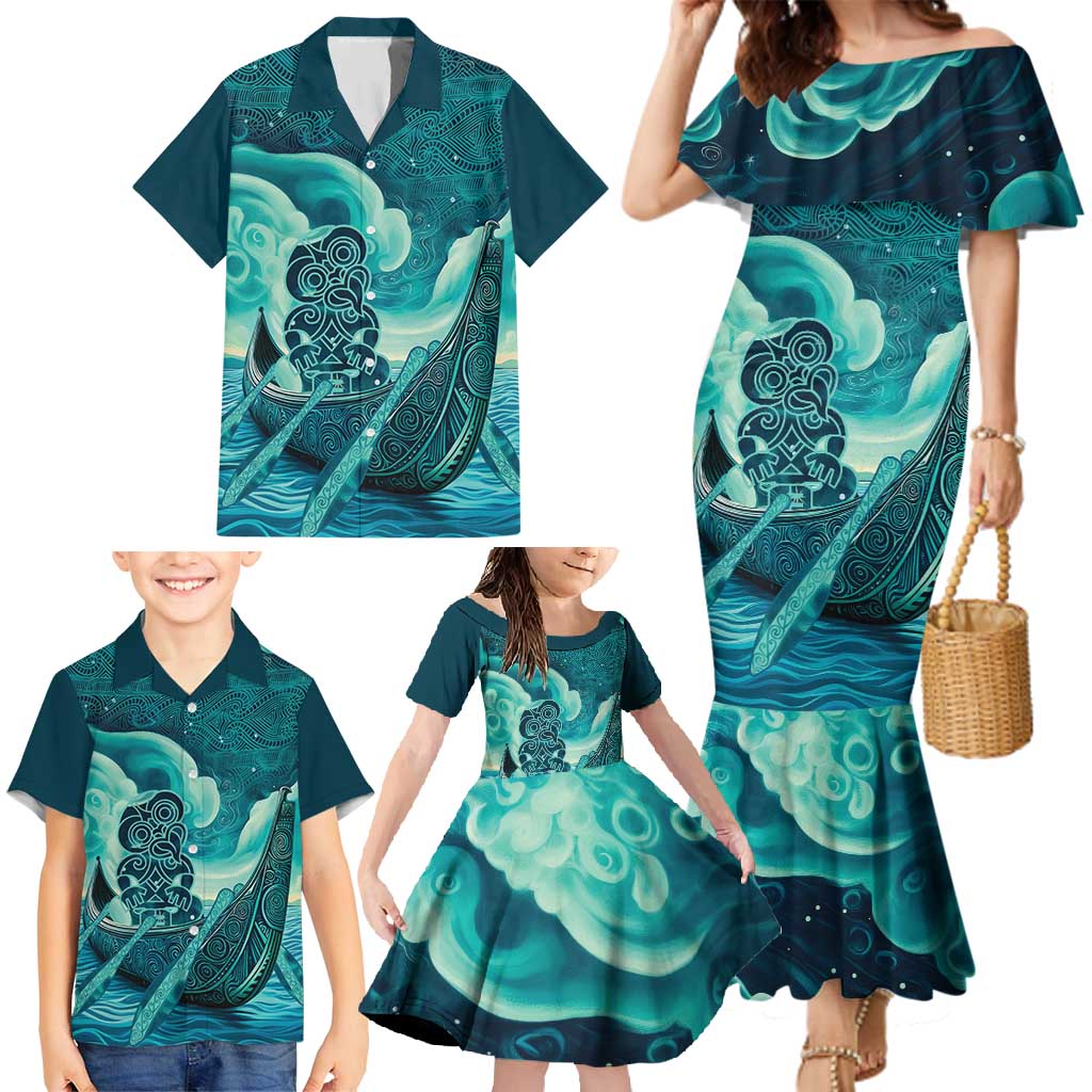 Personalised New Zealand Waitangi Day Family Matching Mermaid Dress and Hawaiian Shirt Hei Tiki With Maori Waka - Whakarare Pattern