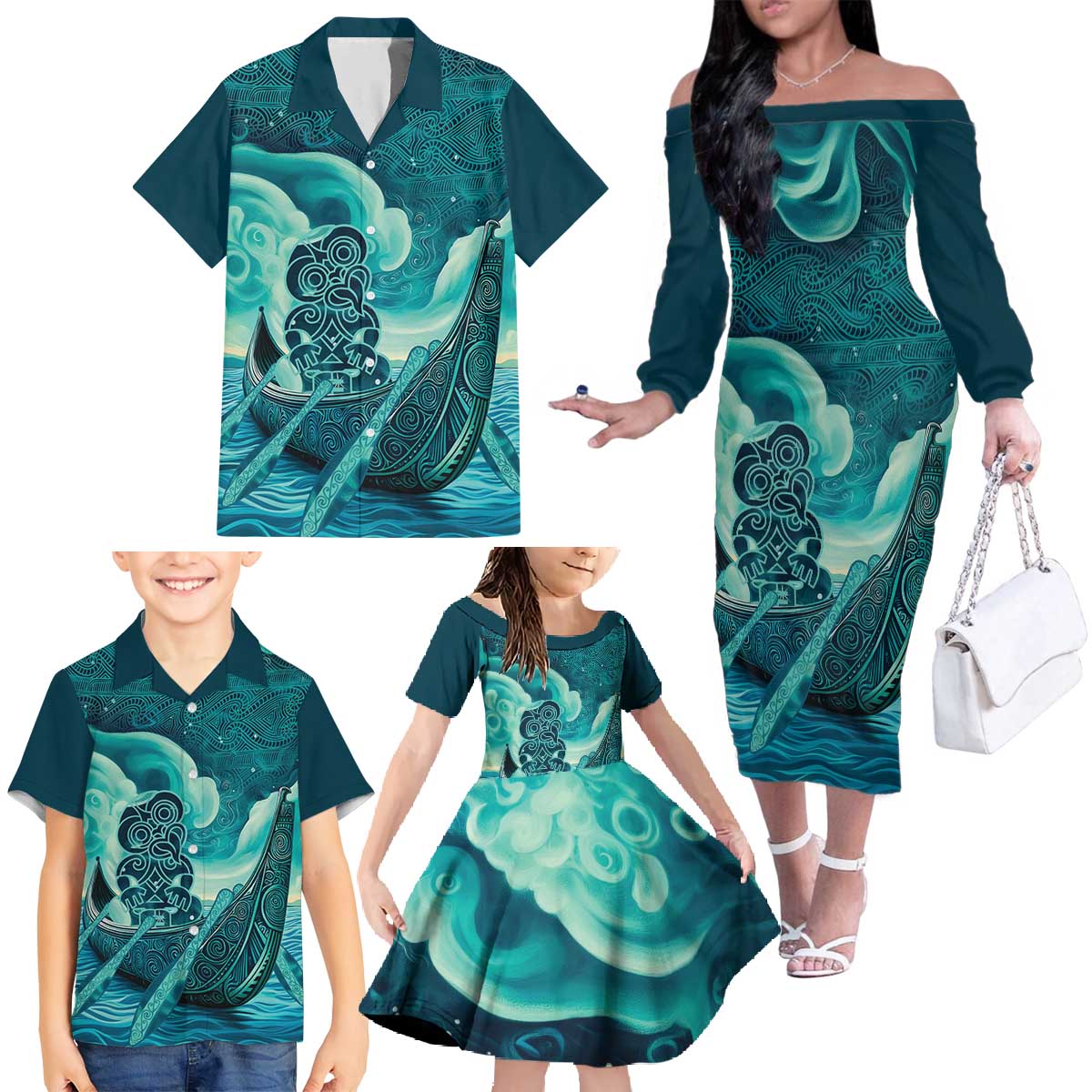 Personalised New Zealand Waitangi Day Family Matching Off The Shoulder Long Sleeve Dress and Hawaiian Shirt Hei Tiki With Maori Waka - Whakarare Pattern