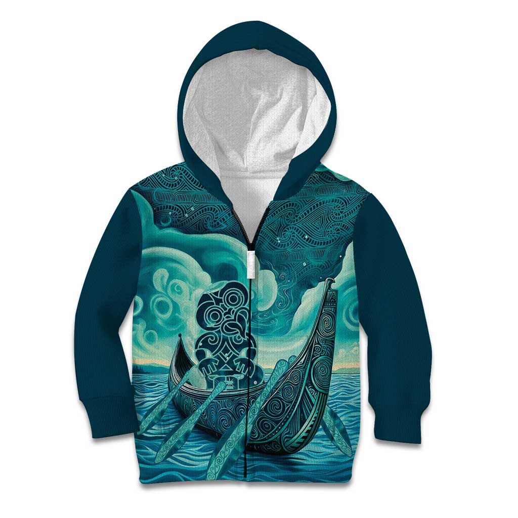 Personalised New Zealand Waitangi Day Kid Hoodie Hei Tiki With Maori Waka - Whakarare Pattern - Vibe Hoodie Shop