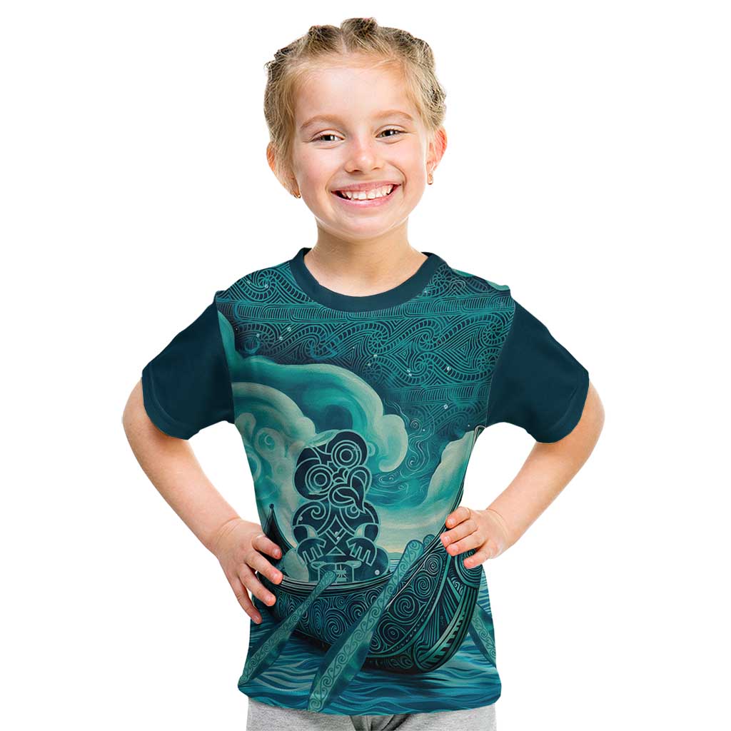 Personalised New Zealand Waitangi Day Kid T Shirt Hei Tiki With Maori Waka - Whakarare Pattern - Vibe Hoodie Shop