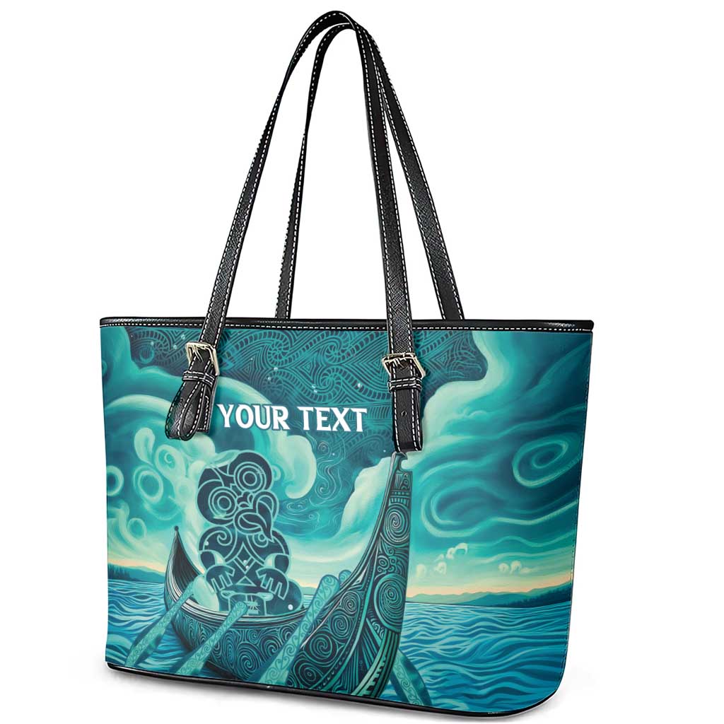 Personalised New Zealand Waitangi Day Leather Tote Bag Hei Tiki With Maori Waka - Whakarare Pattern