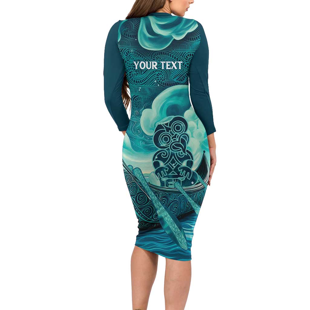 Personalised New Zealand Waitangi Day Long Sleeve Bodycon Dress Hei Tiki With Maori Waka - Whakarare Pattern