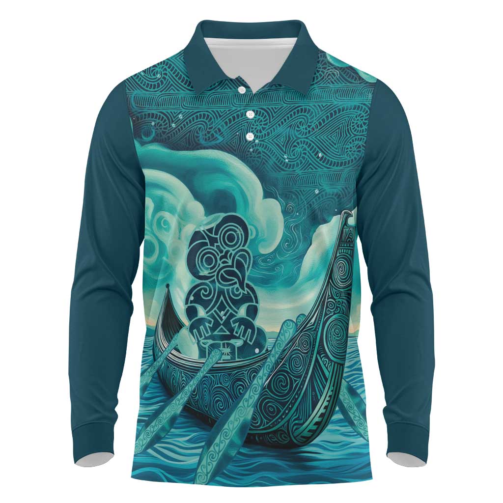 Personalised New Zealand Waitangi Day Long Sleeve Polo Shirt Hei Tiki With Maori Waka - Whakarare Pattern