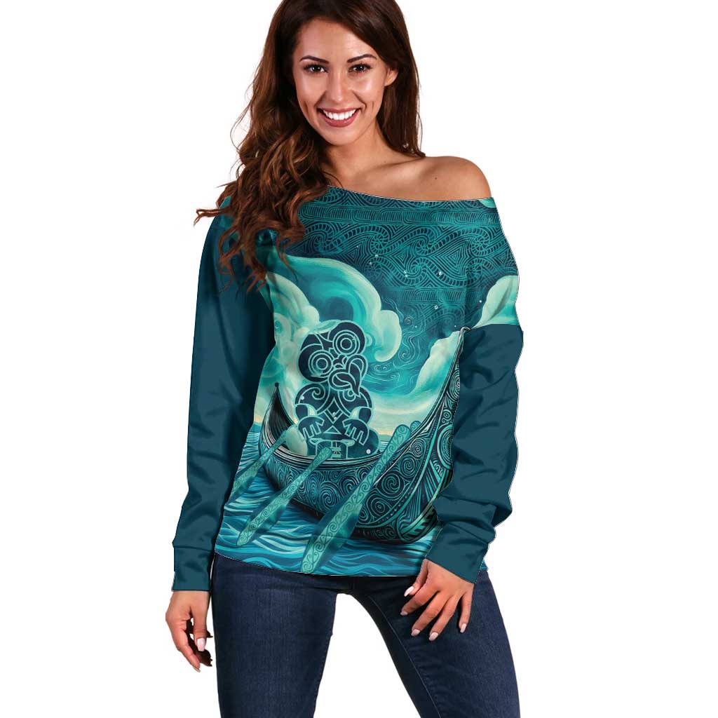 Personalised New Zealand Waitangi Day Off Shoulder Sweater Hei Tiki With Maori Waka - Whakarare Pattern - Vibe Hoodie Shop