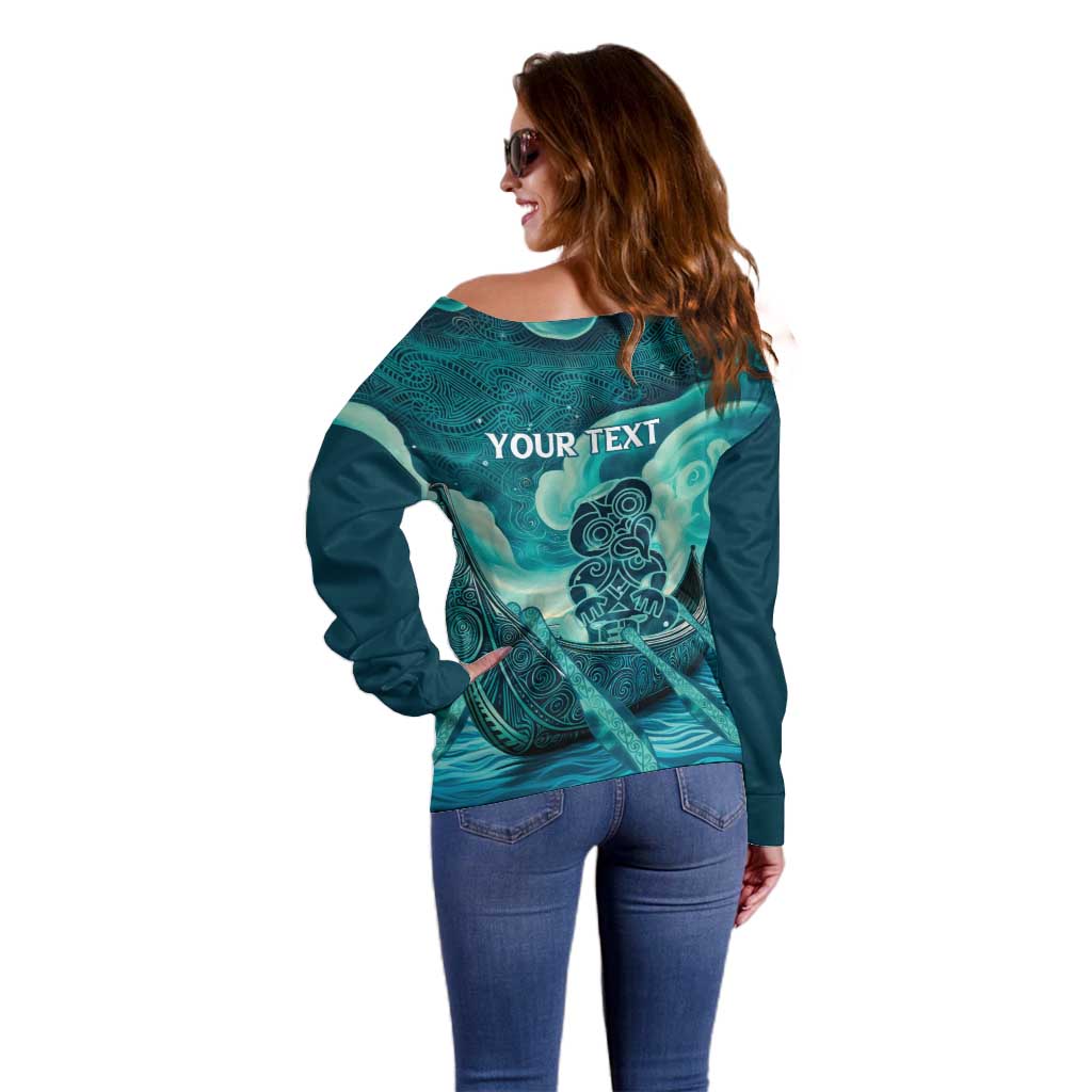 Personalised New Zealand Waitangi Day Off Shoulder Sweater Hei Tiki With Maori Waka - Whakarare Pattern - Vibe Hoodie Shop