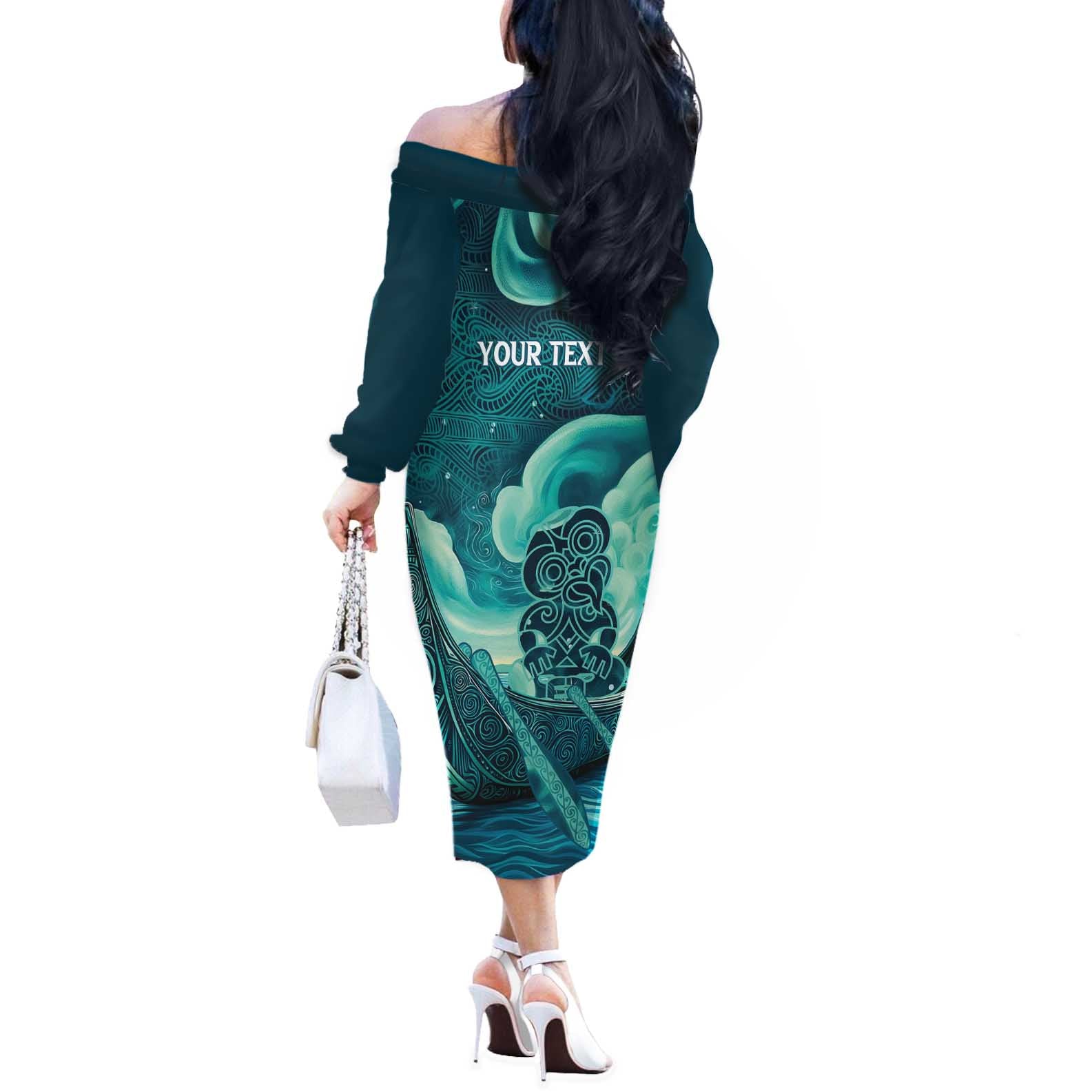 Personalised New Zealand Waitangi Day Off The Shoulder Long Sleeve Dress Hei Tiki With Maori Waka - Whakarare Pattern