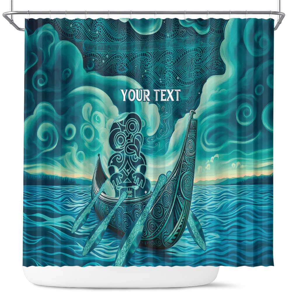 Personalised New Zealand Waitangi Day Shower Curtain Hei Tiki With Maori Waka - Whakarare Pattern