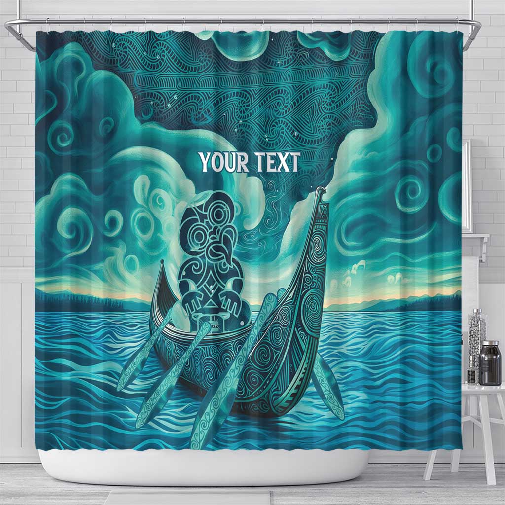 Personalised New Zealand Waitangi Day Shower Curtain Hei Tiki With Maori Waka - Whakarare Pattern