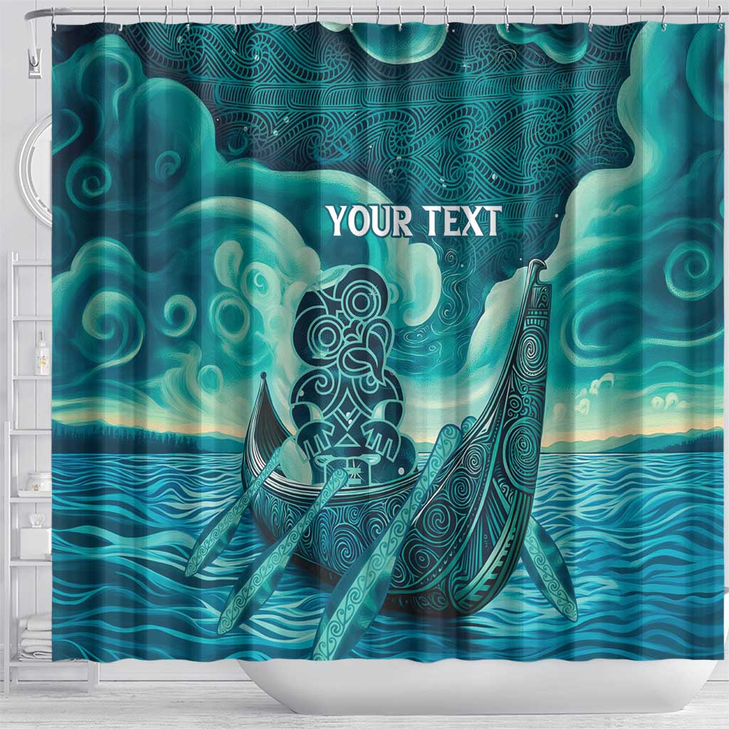 Personalised New Zealand Waitangi Day Shower Curtain Hei Tiki With Maori Waka - Whakarare Pattern