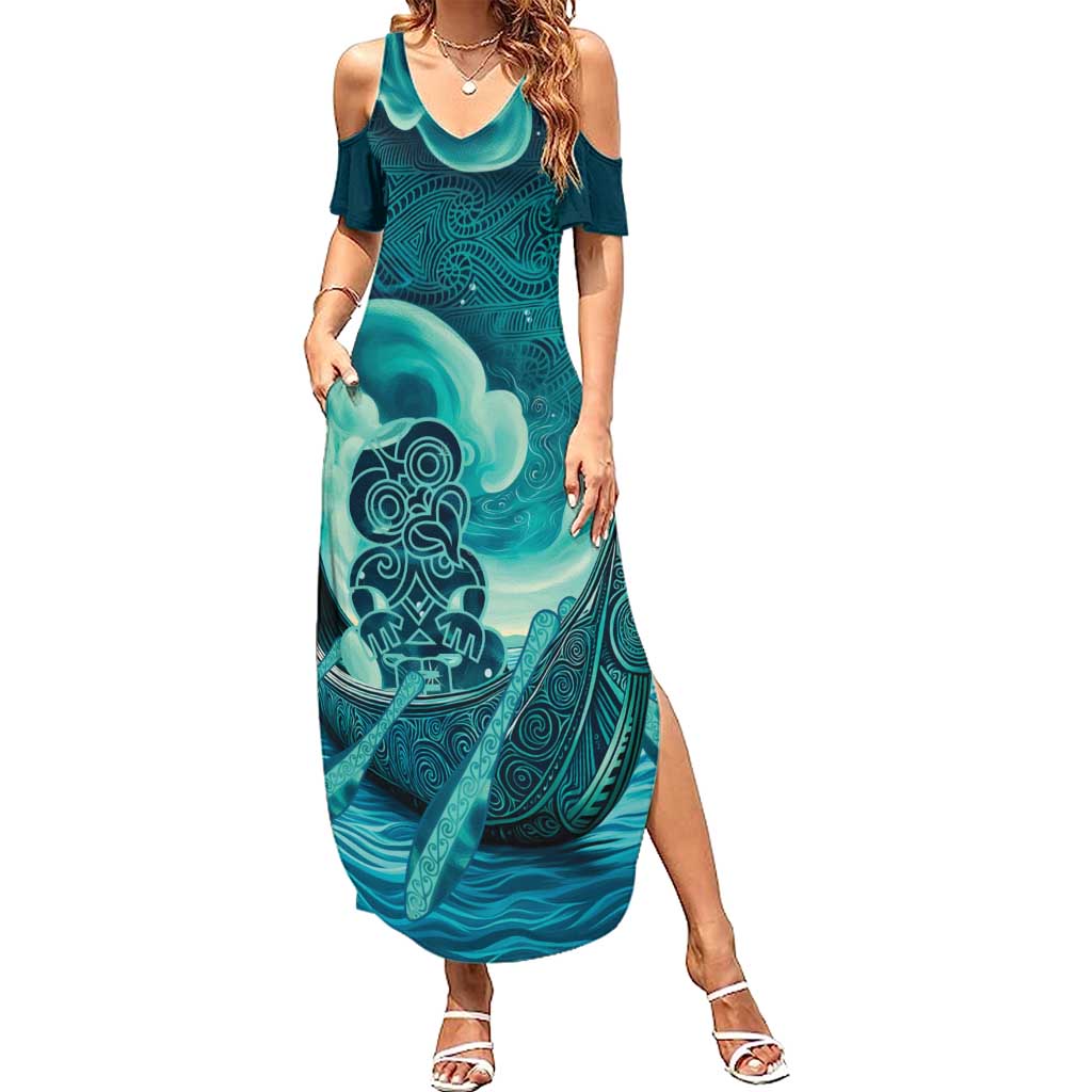 Personalised New Zealand Waitangi Day Summer Maxi Dress Hei Tiki With Maori Waka - Whakarare Pattern