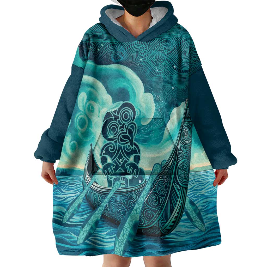 Personalised New Zealand Waitangi Day Wearable Blanket Hoodie Hei Tiki With Maori Waka - Whakarare Pattern - Vibe Hoodie Shop