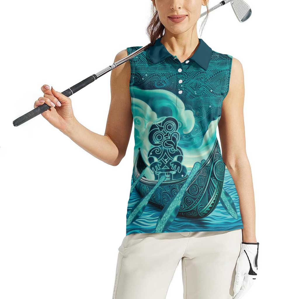 Personalised New Zealand Waitangi Day Women Sleeveless Polo Shirt Hei Tiki With Maori Waka - Whakarare Pattern