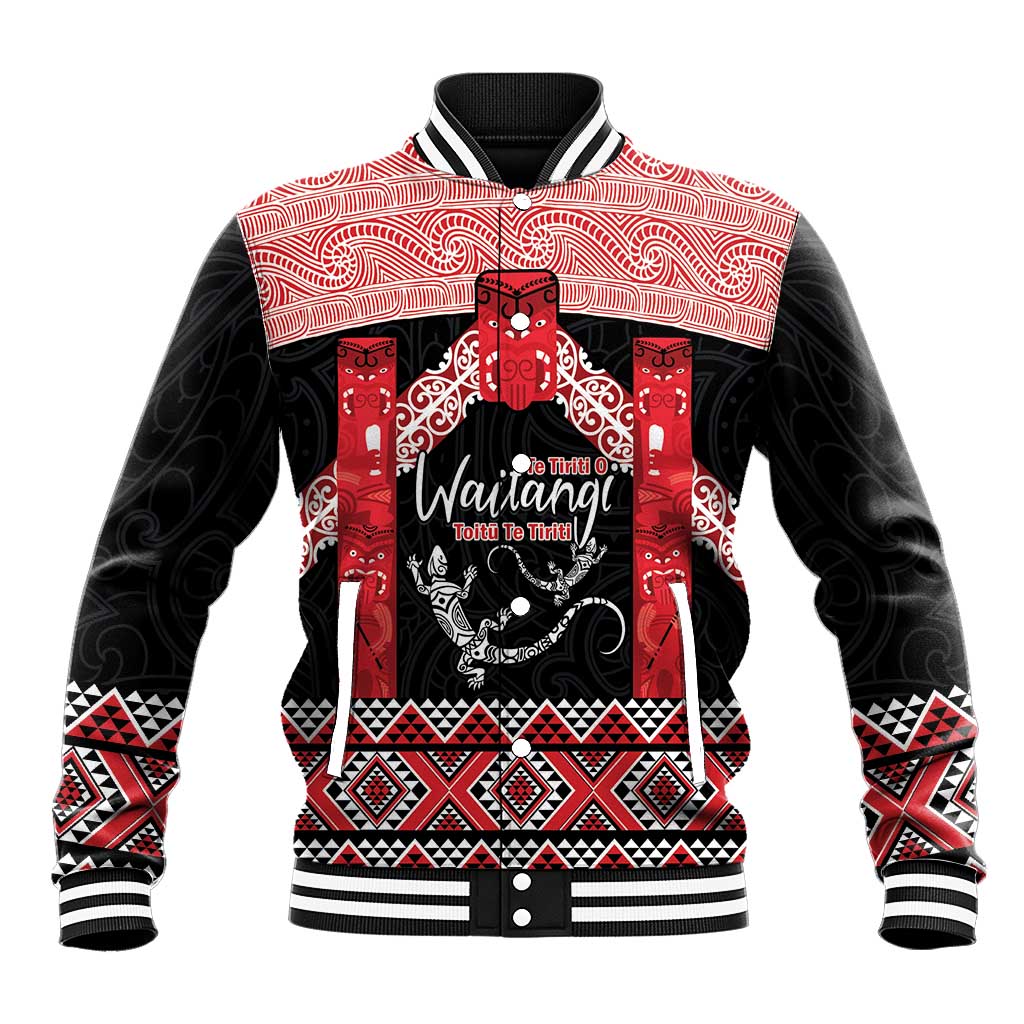 Toitu Te Tiriti O Waitangi Baseball Jacket Maori Wharenui With Taniko Motifs - Vibe Hoodie Shop