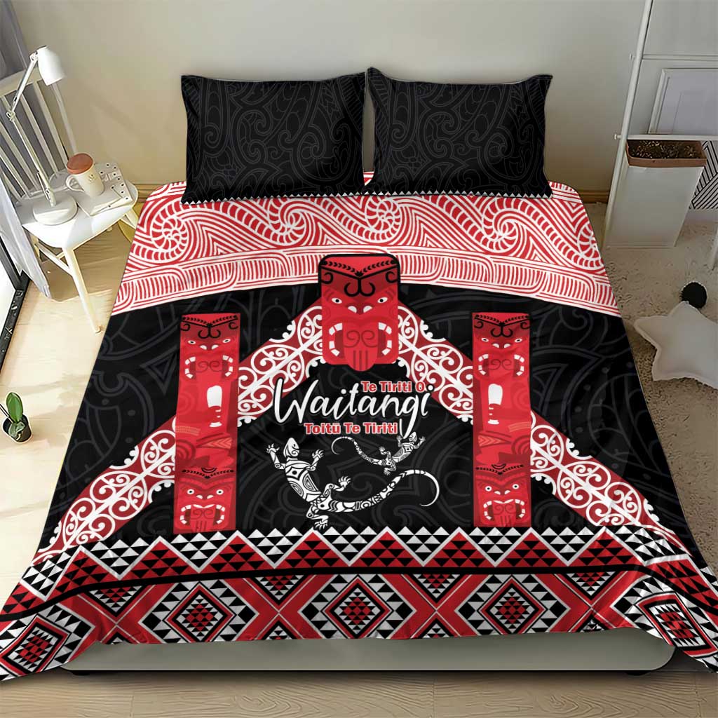 Toitu Te Tiriti O Waitangi Bedding Set Maori Wharenui With Taniko Motifs - Vibe Hoodie Shop