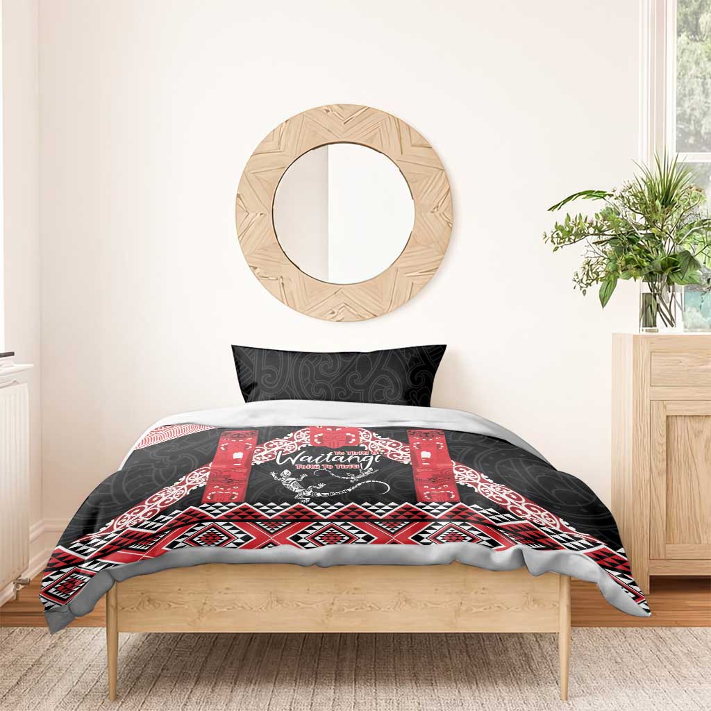 Toitu Te Tiriti O Waitangi Bedding Set Maori Wharenui With Taniko Motifs - Vibe Hoodie Shop