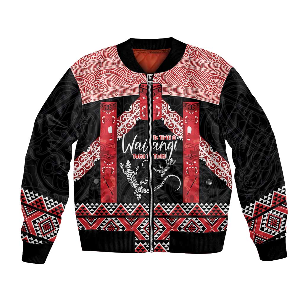 Toitu Te Tiriti O Waitangi Bomber Jacket Maori Wharenui With Taniko Motifs - Vibe Hoodie Shop