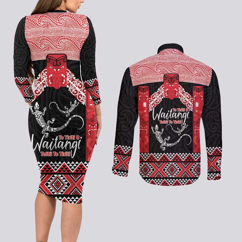 Toitu Te Tiriti O Waitangi Couples Matching Long Sleeve Bodycon Dress and Long Sleeve Button Shirt Maori Wharenui With Taniko Motifs