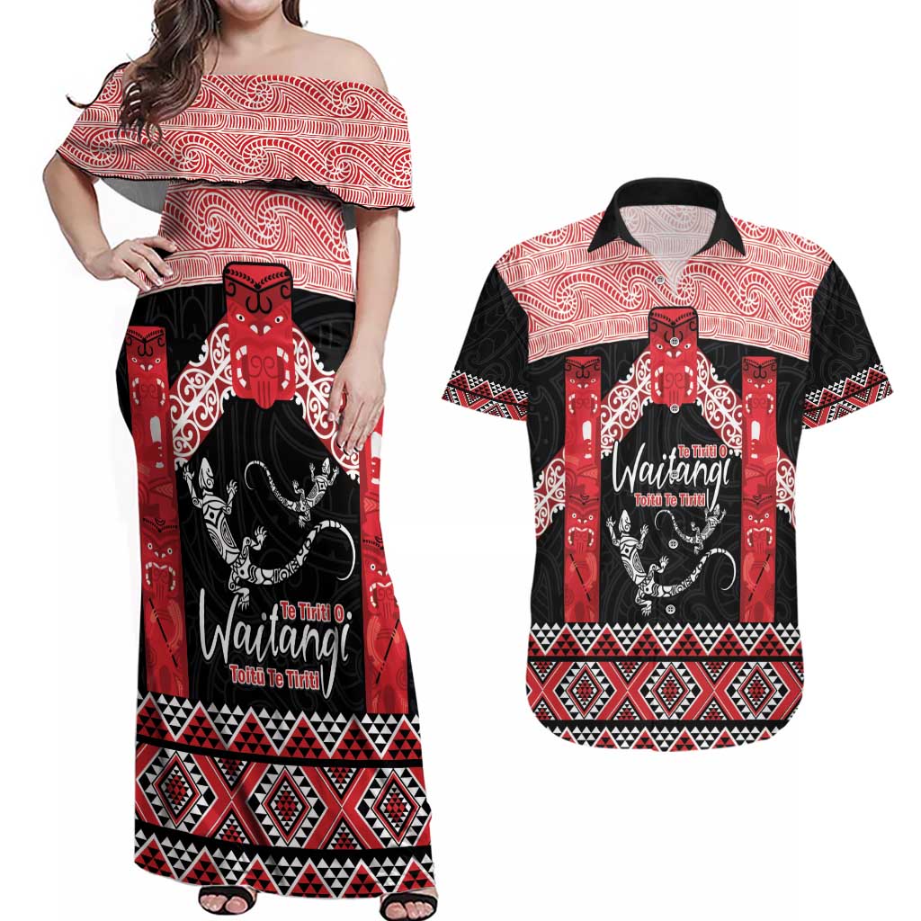 Toitu Te Tiriti O Waitangi Couples Matching Off Shoulder Maxi Dress and Hawaiian Shirt Maori Wharenui With Taniko Motifs