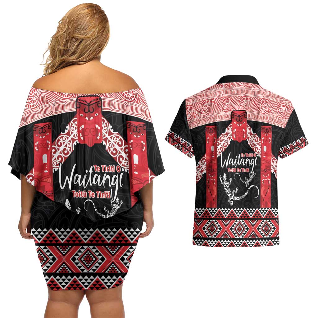 Toitu Te Tiriti O Waitangi Couples Matching Off Shoulder Short Dress and Hawaiian Shirt Maori Wharenui With Taniko Motifs