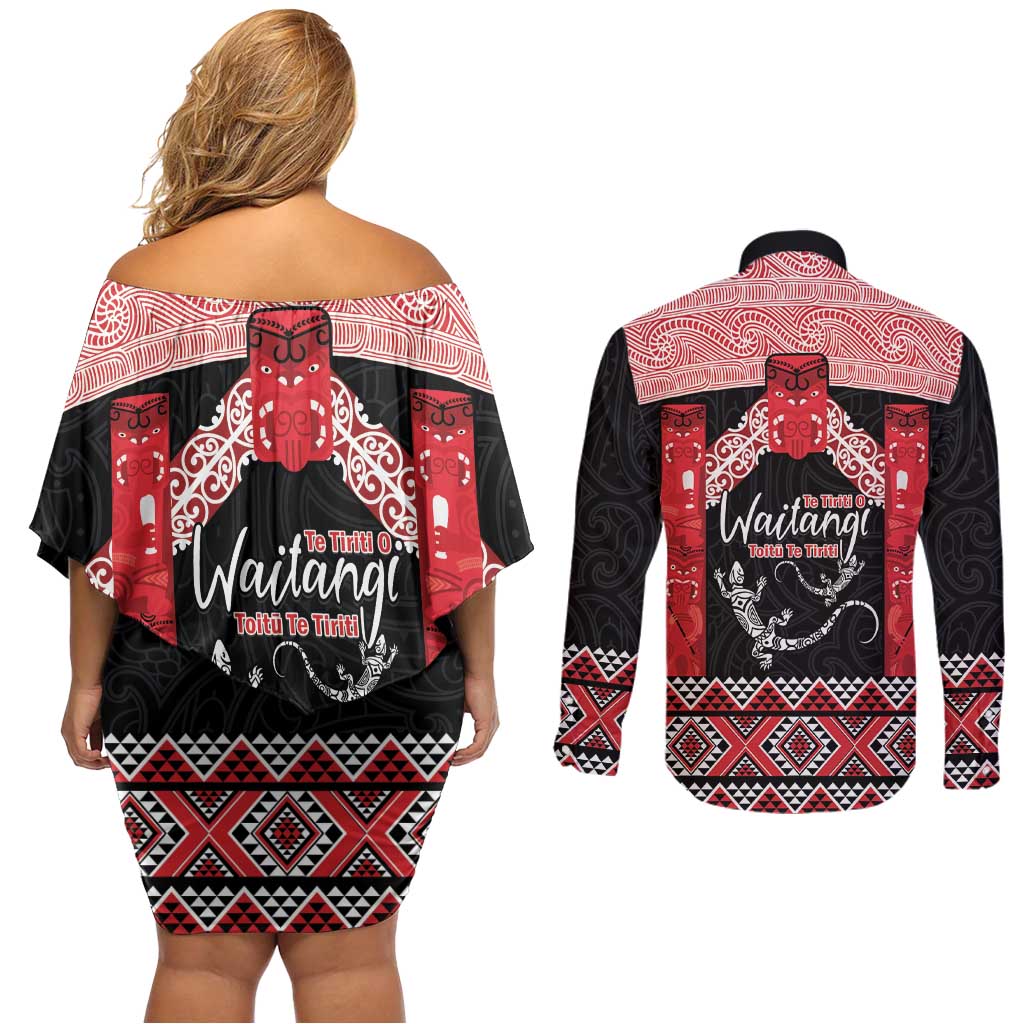 Toitu Te Tiriti O Waitangi Couples Matching Off Shoulder Short Dress and Long Sleeve Button Shirt Maori Wharenui With Taniko Motifs