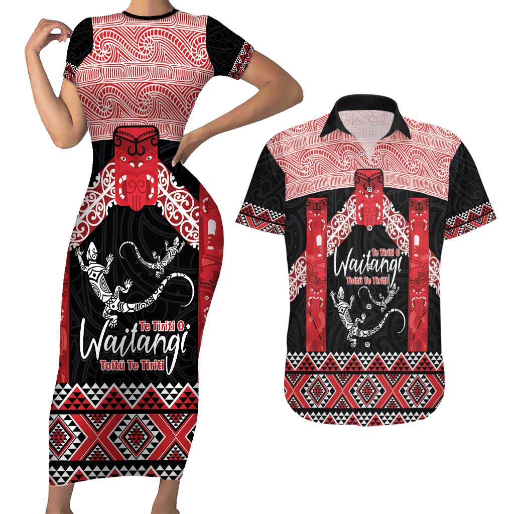 Toitu Te Tiriti O Waitangi Couples Matching Short Sleeve Bodycon Dress and Hawaiian Shirt Maori Wharenui With Taniko Motifs