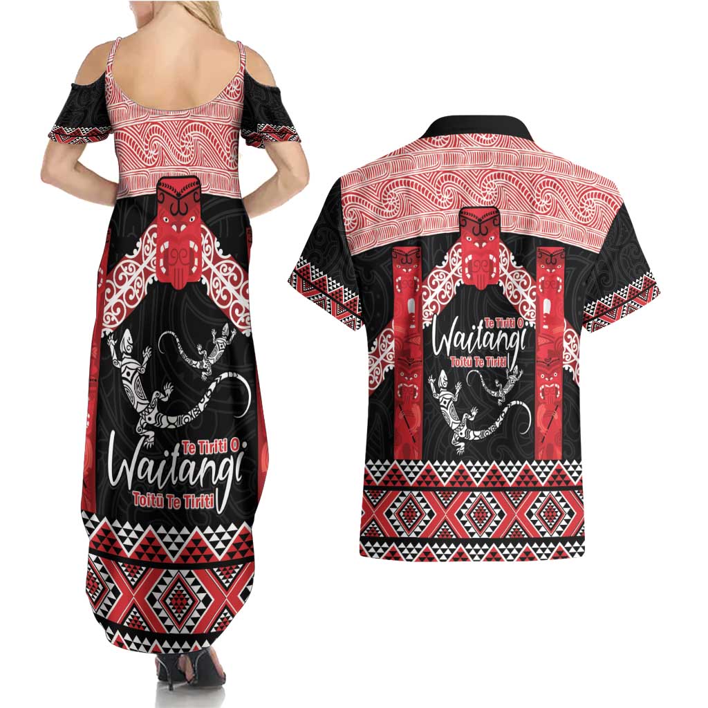 Toitu Te Tiriti O Waitangi Couples Matching Summer Maxi Dress and Hawaiian Shirt Maori Wharenui With Taniko Motifs