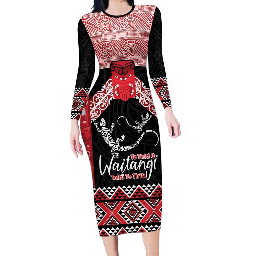 Toitu Te Tiriti O Waitangi Family Matching Long Sleeve Bodycon Dress and Hawaiian Shirt Maori Wharenui With Taniko Motifs